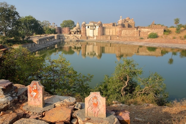 Reflections of Ratan Singh Palace located inside the fort (Garh) of Chittorgarh, Rajasthan, India