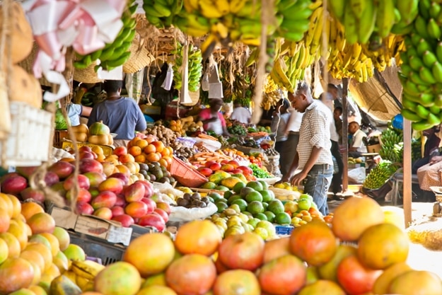 Ripe fruits stacked at a local fruit and vegetable market on February 6, 2014. Nairobi, Kenya. The market is frequently visited by locals and tourists