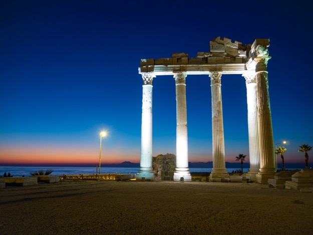 Seaview sunset Golden hour Ancient Apollon Temple Located in Side Antalya Turkey