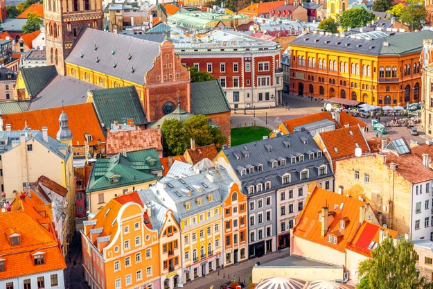 Top view on the old town with beautiful colorful buildings in Riga