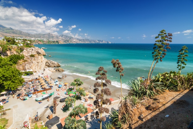 Sunny view of Mediterranean sea from viewpoint of Europe's balcony in Nerja
