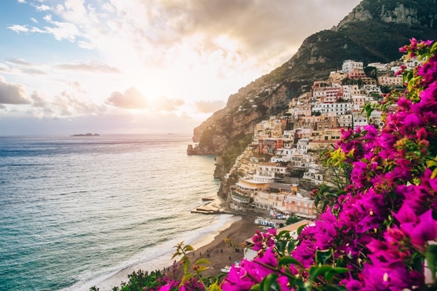 View of the town of Positano with flowers, Amalfi Coast, Italy