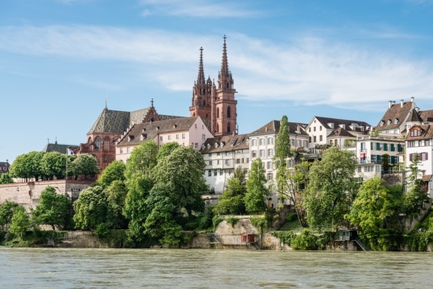 View up to the cityscape of Basel with its famous red sandstone cathedral