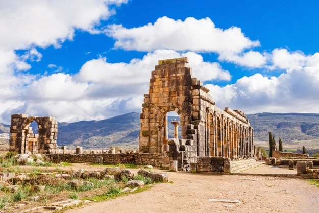 Volubilis near Meknes in Morocco. Volubilis is a ruined Amazigh, then Roman city in Morocco near Meknes, UNESCO World Heritage Site