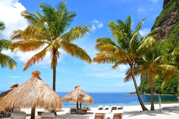 An exotic beach at St. Lucia, between the two Pitons, St. Lucia, Caribbean