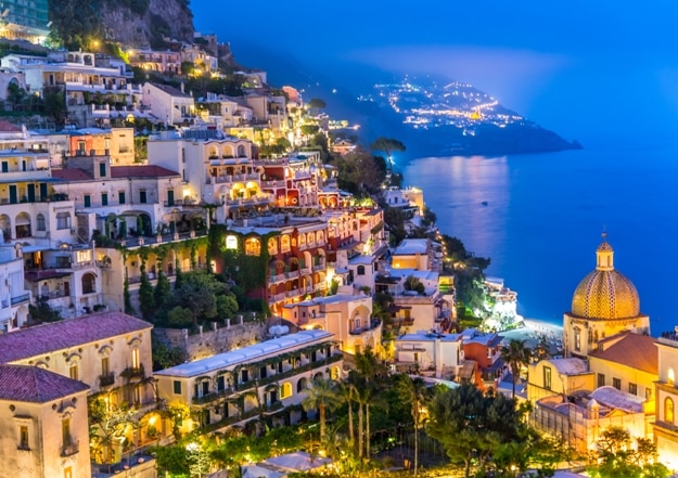 Night view of Positano village at Amalfi Coast, Italy