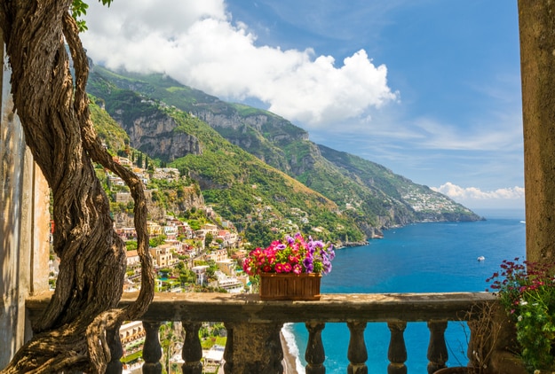 Beautiful view of Positano and the Amalfi Coast from an antique terrace