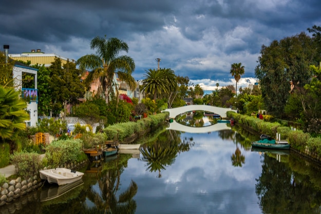 Houses and bridge along a canal in Venice Beach, Los Angeles, California