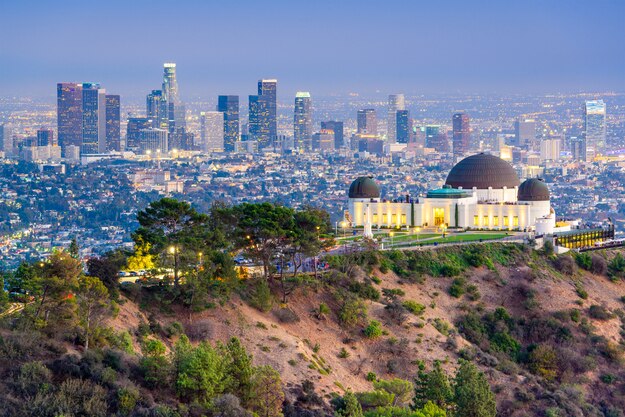 Los Angeles downtown skyline and the Griffith Observatory from Griffith Park