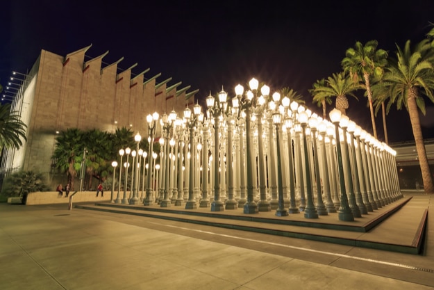 Night view of the famous art installation 'Urban light' at LACMA