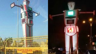 Indore has a 14-feet tall Traffic Police Robot directing traffic! Watch Video of India's first Robocop Indore has a 14-feet tall Traffic Police Robot directing traffic! Watch Video of India's first Robocop