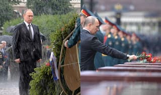 Vladimir Putin is drenched but continues to honour the death of Russians killed in the Second World War! See Picture of Russian President
