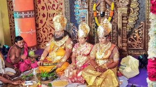 Bride As Lakshmi, Bridegroom As Vishnu, Andhra Pradesh Godman's Family Dress A Gods For Daughter's Wedding (See Pictures) Bride As Lakshmi, Bridegroom As Vishnu, Andhra Pradesh Godman's Family Dress A Gods For Daughter's Wedding (See Pictures)