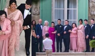 Joe-Sophie Wedding: Priyanka Opts For Pastel Saree by Sabyasachi Mukherji
