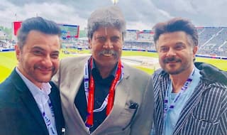 Anil Kapoor And Sanjay Kapoor Pose With Kapil Dev at Ind vs NZ World Cup Semi-Final Match