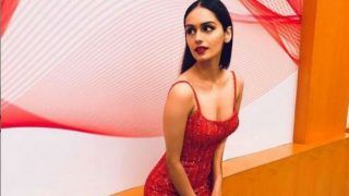 Miss World 2017 Manushi Chhillar Looks Fiery in Orange Beaded Gown And Bold Red Lips