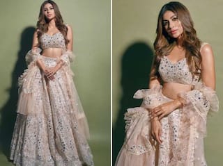 Mouni Roy Rocks in A Floral Peach Lehenga For Promotions of 'Made in China'