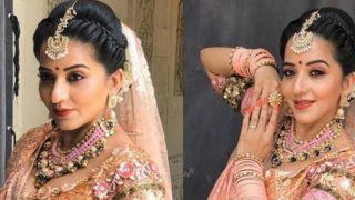 Bhojpuri Hot Bomb Monalisa Sizzles in Her Latest Bridal Look in Peach Shimmery Lehenga