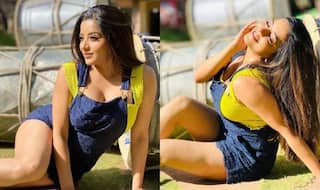 Monalisa Wears Blue Dungaree Dress And Bright Yellow Top, Looks Sexy in Sultry Pictures