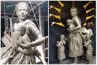 Durga Puja 2020: Goddess Durga Depicted as    Migrant Mother With Her Children    at Kolkata Pandal