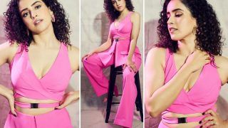 Sanya Malhotra Looks Bossy & Fierce in A Bubble Gum Pink Cut-Out Pant Suit By Shivangi Jain