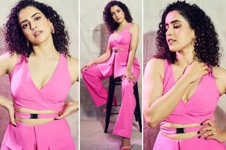 Sanya Malhotra Looks Bossy & Fierce in A Bubble Gum Pink Cut-Out Pant Suit By Shivangi Jain