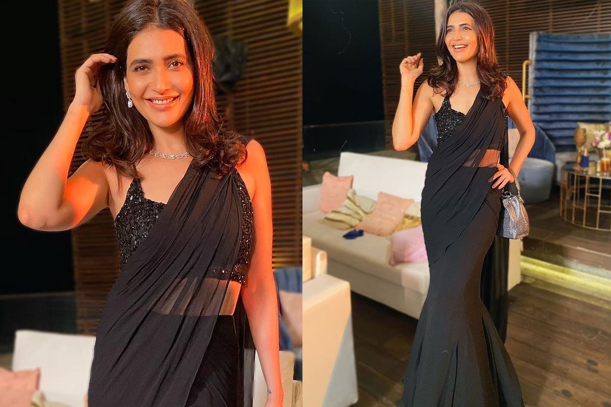 Karishma Tanna's Sheer Black Peplum Pleated Saree Worth Rs 51k Is A Perfect Pick For The Party Season