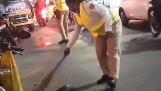 Woman Police Constable Sweeps Road to Remove Broken Glass pieces, Video Goes Viral