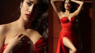 Janhvi Kapoor ने रेड हाई स्लिट ड्रेस में कराया हॉट फोटोशूट,  कयामत पे कयामत आई है