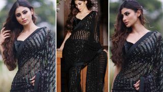 Mouni Roy Raises Temperature in Rs 17,940 Hot Bottle Green Striped Shimmer Saree That Every Woman Must Have