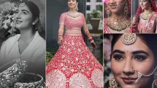 Disha Parmar is Elegance Personified in Red And Gold Lehenga by Abu Jani-Sandeep Khosla