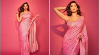 Nora Fatehi Raises Oomph Factor in Pink Sequin Saree Paired With Bright Studded Bralette