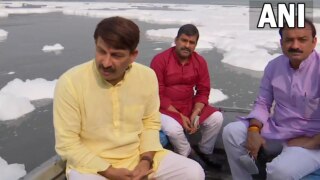 BJP's Manoj Tiwari Rides Boat in Toxic Foam-Covered Yamuna in Delhi, Blames Kejriwal | Watch