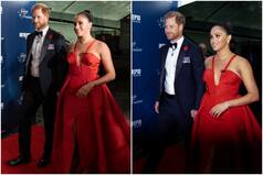 Gosh! Meghan Markle Returns to Red Carpet With Prince Harry in a Fiery Red Gown With Plunging Neckline