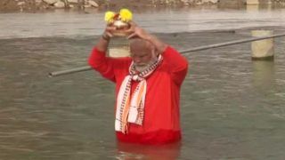 Video: PM Modi Takes Holy Dip in Ganga in Vermillion Red Kurta Ahead of Inaugurating Kashi Vishwanath Corridor