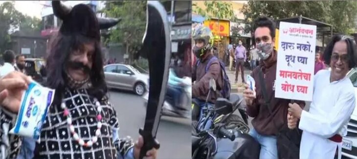 Drink Doodh Not Daru: Pune Man Dressed As Ravana Distributes Milk, Urges People to Give Up Alcohol