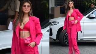 Tara Sutaria in Open Pink Powersuit With Sexy Bralette Snapped at Mumbai Airport - Watch Video!