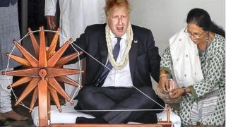 WATCH: UK PM Boris Johnson Tries His Hands On 'Charkha' At Sabarmati Ashram