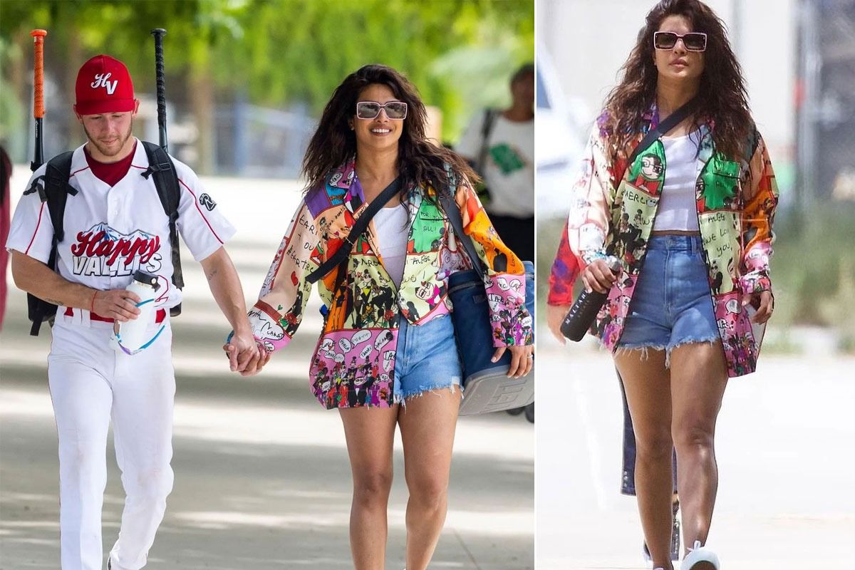 Priyanka Chopra's Floral Crop Top & Shorts At Nick Jonas' Softball