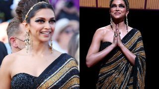 Cannes 2022: Deepika Padukone Represents Indian Culture in Sabyasachi's Golden-Black Striped Shimmery Saree With Golden Matha Patti