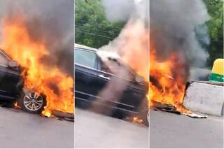 Video: Car Catches Fire Near Delhi's Moolchand Metro station after Hitting Divider; Driver Injured
