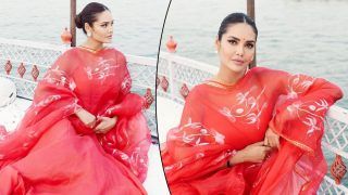 Esha Gupta Poses in Red Ethnic Suit at Varanasi Ghat, Fan Says 'Aashram 3 Mein Aapne Dil Jeet Liya' - Stunning Pics