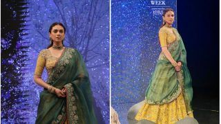 Aditi Rao Hydari Looks Resplendent In Dull Gold Lehenga & 'Nath' As She Walks The Ramp At India Couture Week- See Gorgeous Pics