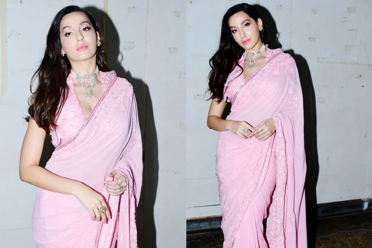 Nora Fatehi Flaunts Sexy Curves in Hot Blush Pink Saree With Halter Neck Blouse Watch Video pic image