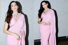 Nora Fatehi Flaunts Sexy Curves in Hot Blush Pink Saree With Halter Neck Blouse
