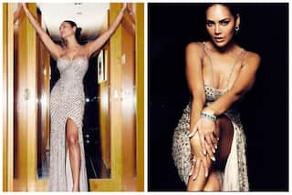 Esha Gupta Raises Mercury in Embellished Thigh-High Slit Gown With Deep Neckline
