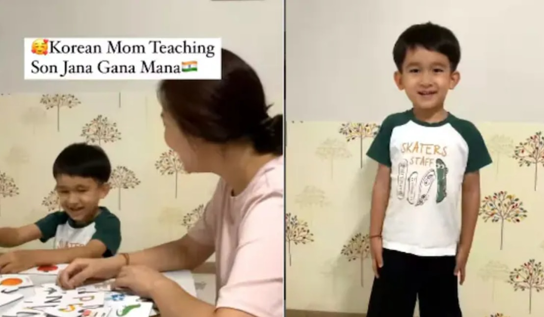 Viral Video: Korean Woman Teaches Jana Gana Mana to Her Son, Desis Feel Proud | Watch