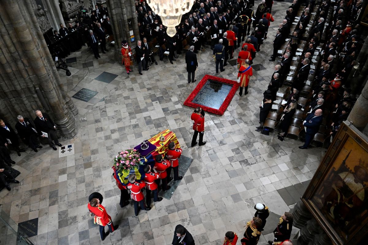 The coffin of the Unknown Warrior in state in Westminster Abbey in