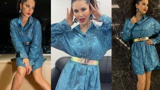 Sunny Leone is One Hottie in Shimmery Blue Shirt Dress - See Glamourous PICS