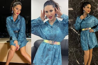 Sunny Leone is One Hottie in Shimmery Blue Shirt Dress
